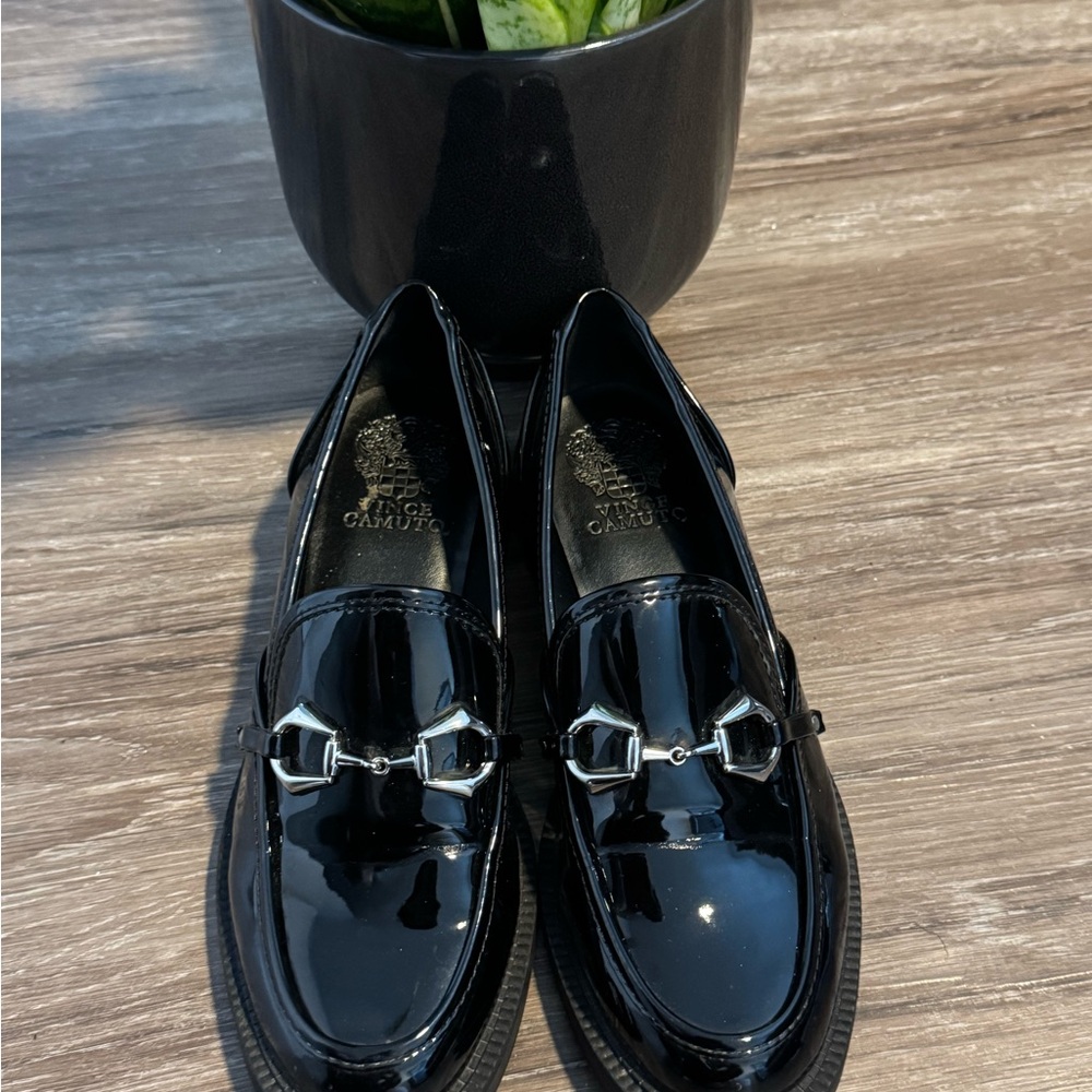 Vince Camuto Women's Black Patent Loafers with Silver Horsebit